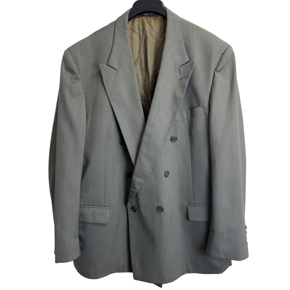 Vintage Mens 48R Grey Herringbone Double Breasted Blazer Peak Lapel Suit Jacket